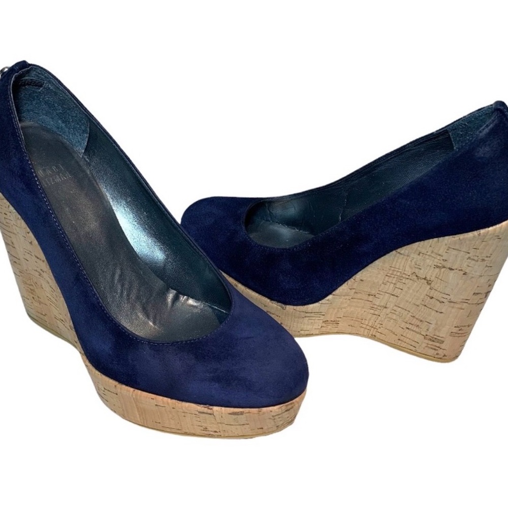 Stuart Weitzman Corkwoon Wedge Navy Blue Suede 7.5 Platform Shoes Slip on Pumps